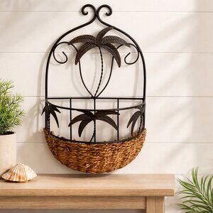 Boho Palm Tree Wicker Wall Basket Planter – Tropical Metal Wall Décor